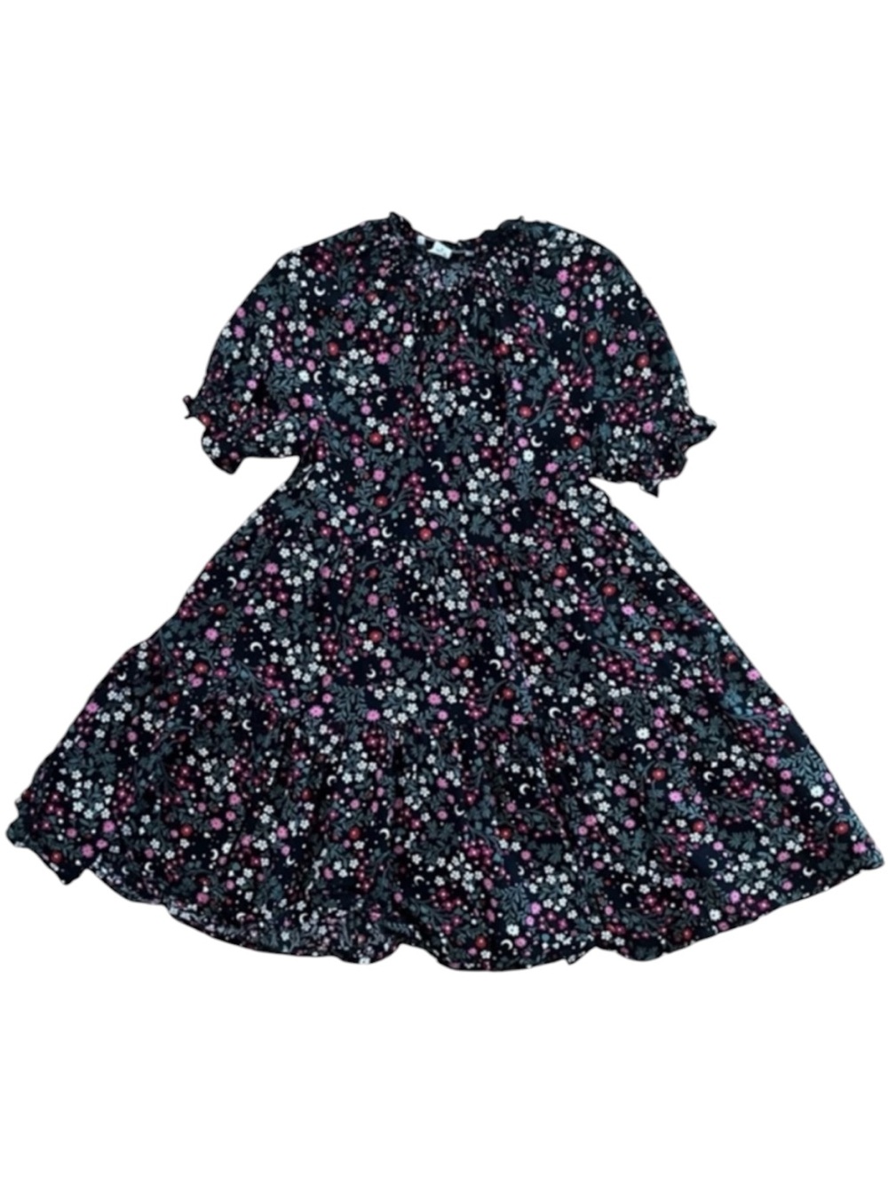 Free Assembly Girls Floral Boho Dress 6/6X Black Pink Tiered Flutter Sleeve